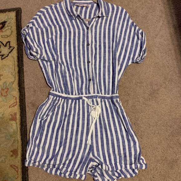 JustFab Pants - M Linen Viscose Striped Just Fab Striped Romper Pockets